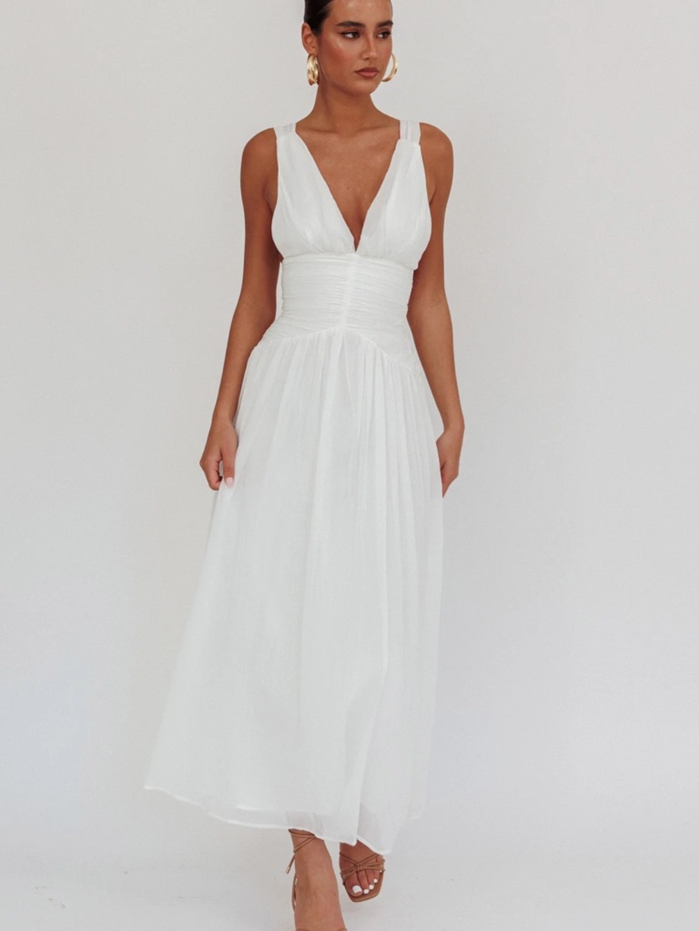 Selfie Leslie Sammi Ruched Waist Tied Back Maxi Dress White